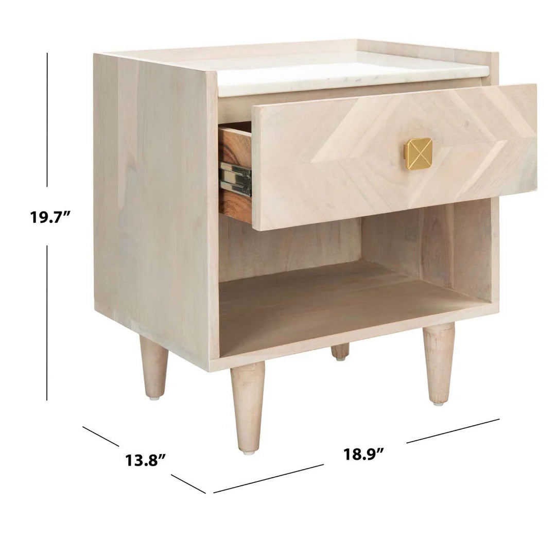 Tahseen Parquet Nightstand - White Washed / Brass