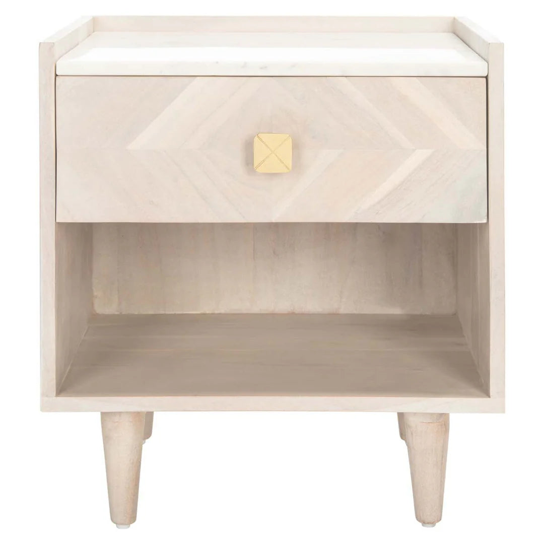 Tahseen Parquet Nightstand - White Washed / Brass