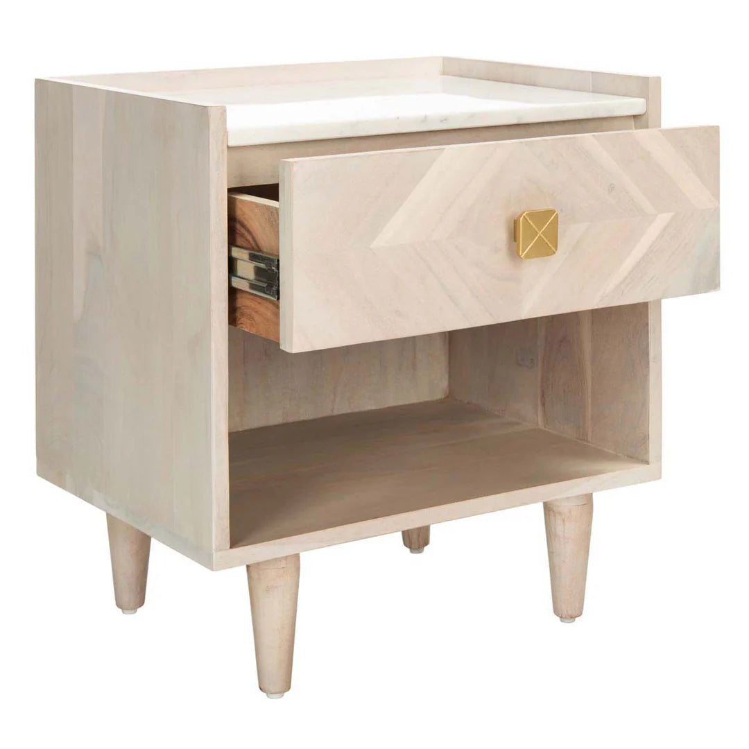 Tahseen Parquet Nightstand - White Washed / Brass