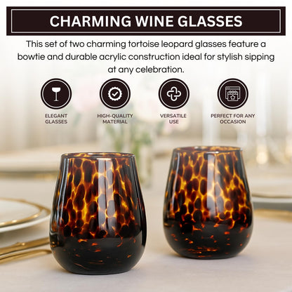 Leopard Print Amber Colored Stemless Wine Glass |  Set of 2
