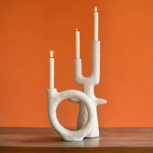 Handpicked Duo of Moroccan Unglazed Tamegroute Abstract Sculptures- Candlestick Holders