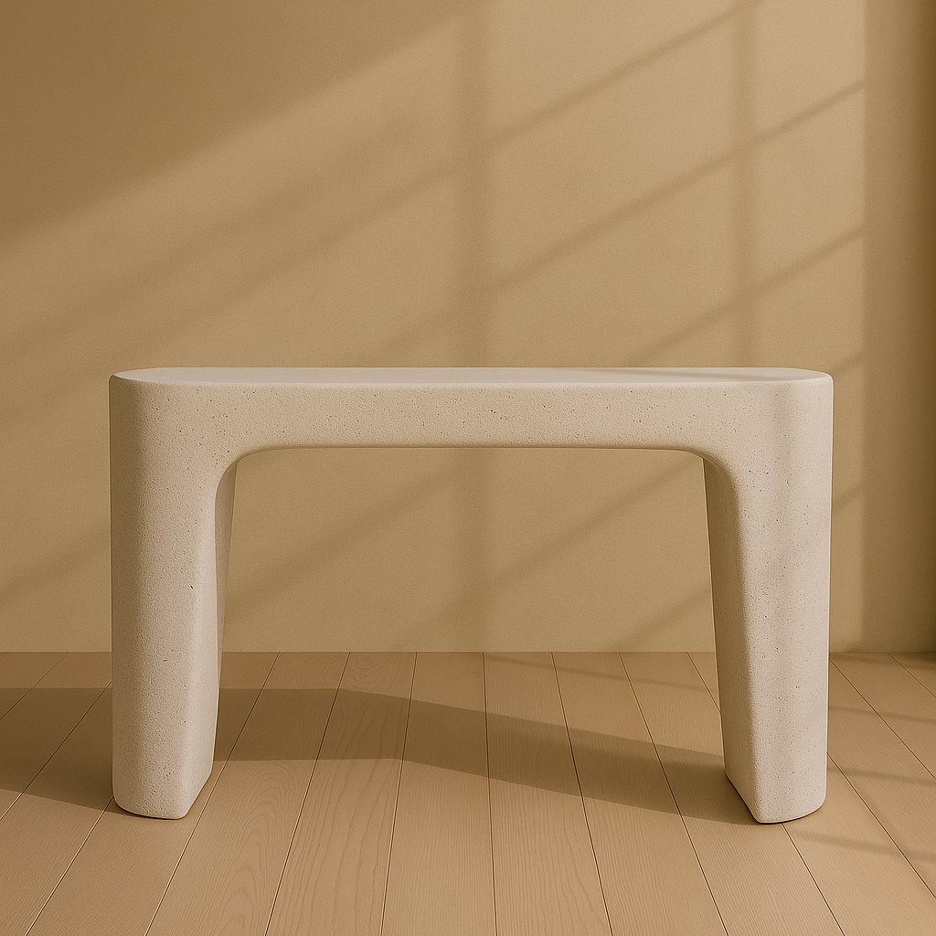 white console table against a beige wall with soft shadows