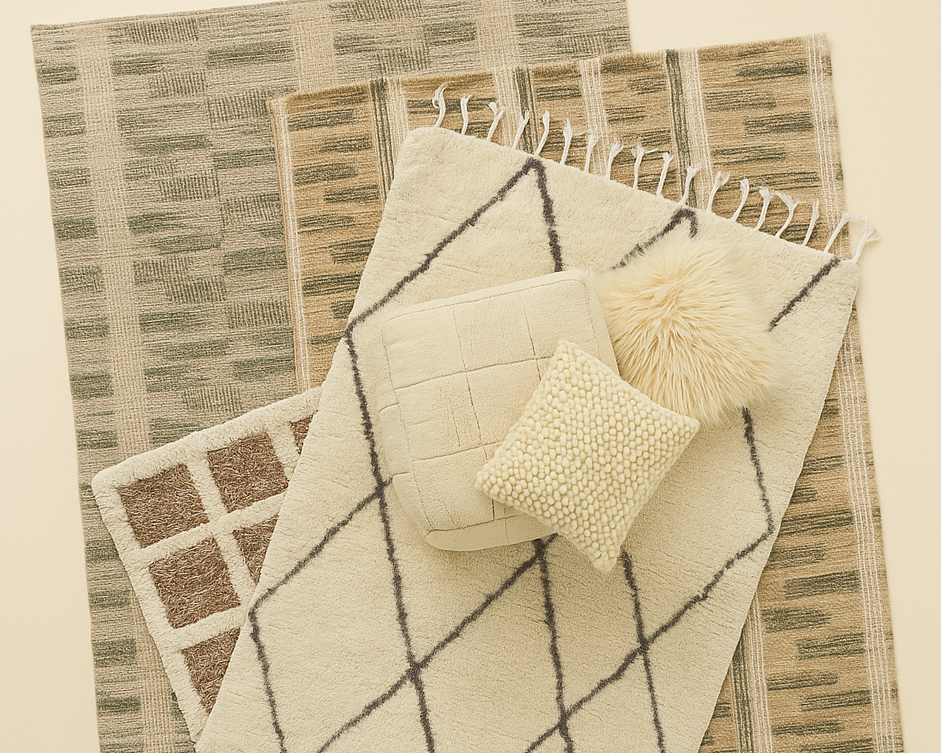Collection of patterned rugs and cushions on a neutral background