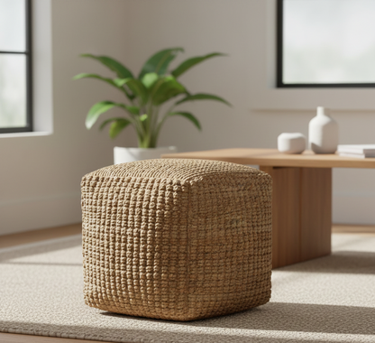 18" Natural Jute Blend Cube Pouf Ottoman