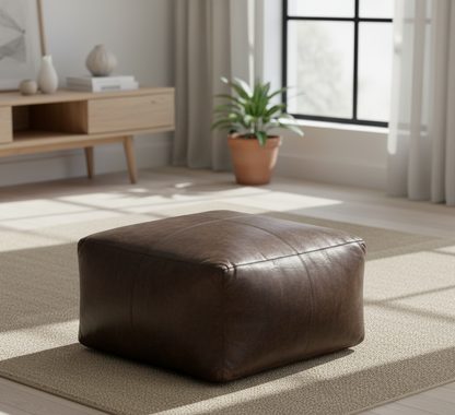 Matteo Peppercorn Leather Square Pouffe
