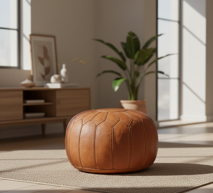 Tan Riad Moroccan Leather Pouf