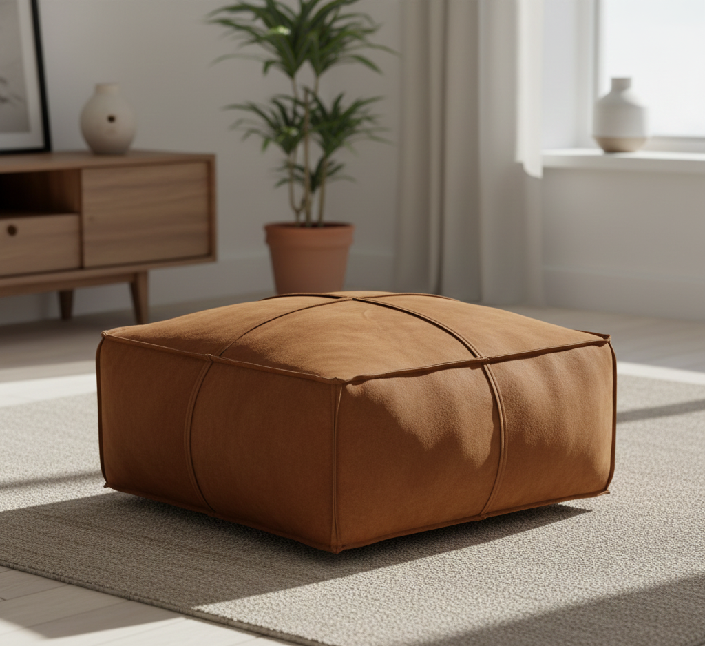 Pouf Leather Suede Solid Cognac