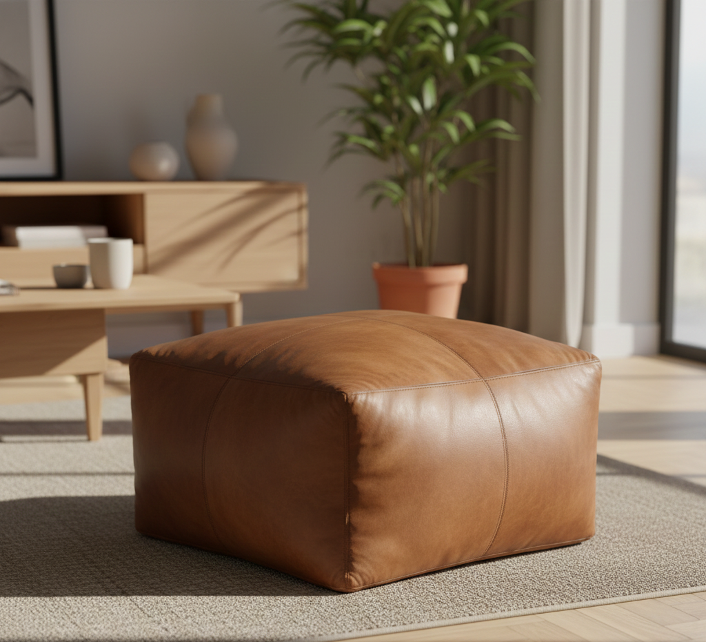 Matteo Natural Tan Leather Square Pouffe