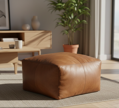 Matteo Natural Tan Leather Square Pouffe