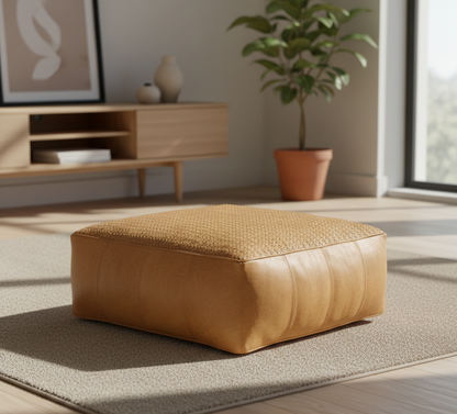 Pouf Leather Handwoven Top Tan