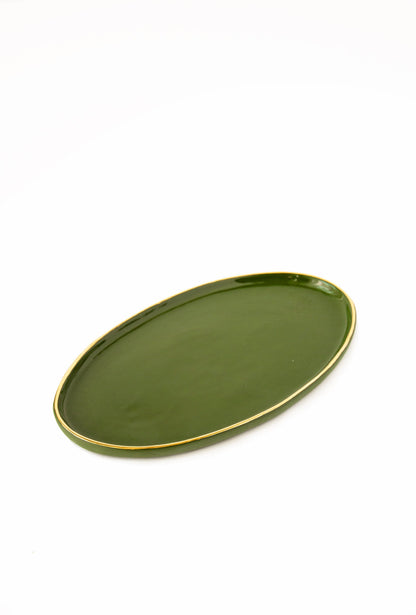 Porcelain Oval Serving Platter with Gold Rim. Green