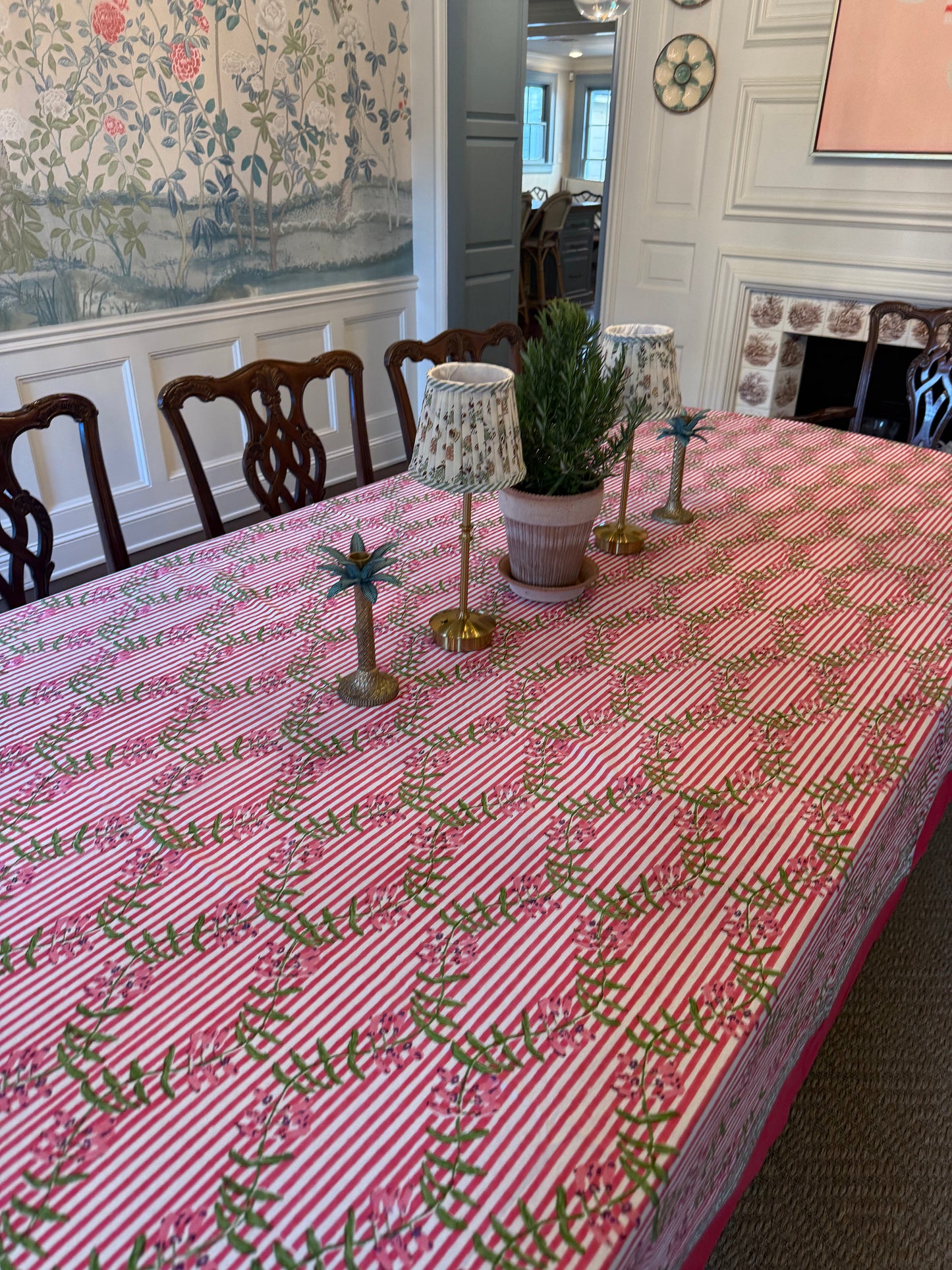 Nantucket Stripe Tablecloth in Holiday Pink