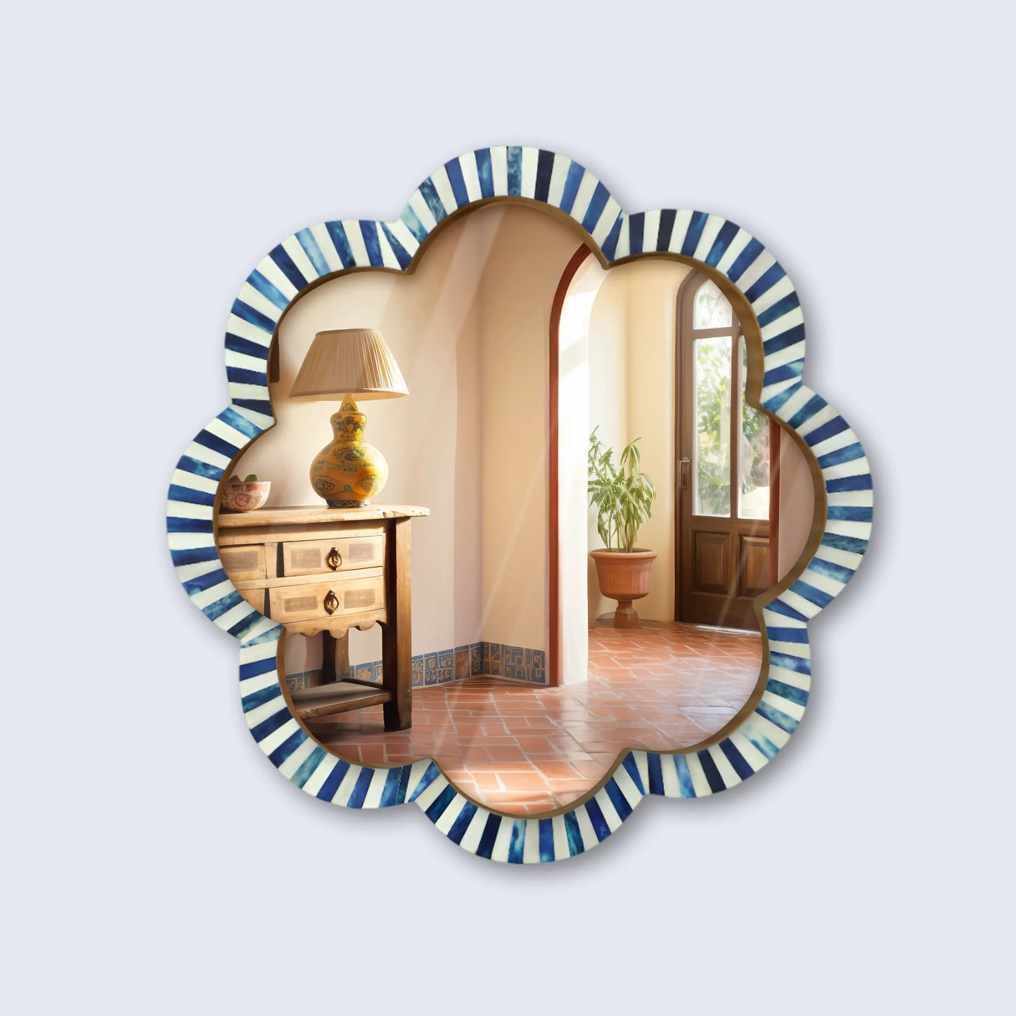 Make To Order Handmade Blue & White Bone Inlay Scalloped Wall Mirror – 18"
