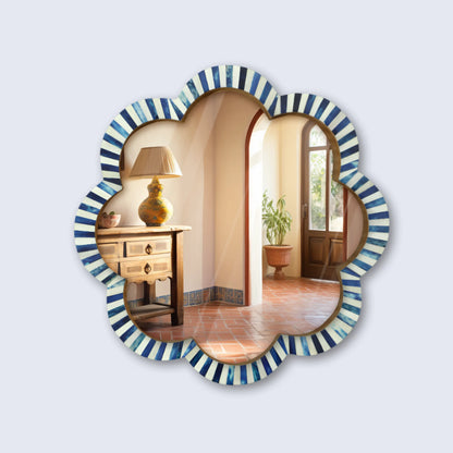 Make To Order Handmade Blue & White Bone Inlay Scalloped Wall Mirror – 18"