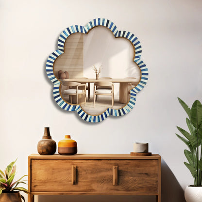Make To Order Handmade Blue & White Bone Inlay Scalloped Wall Mirror – 18"
