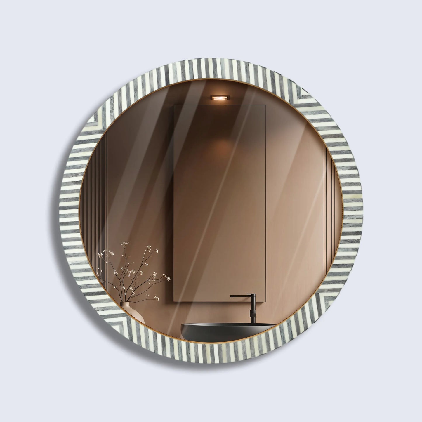 Make To Order Round Chevron Bone Inlay Wall Hanging Mirror Frame – 24" Dia
