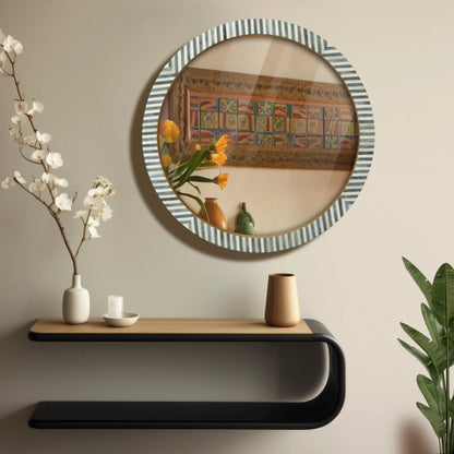 Make To Order Round Chevron Bone Inlay Wall Hanging Mirror Frame – 24" Dia