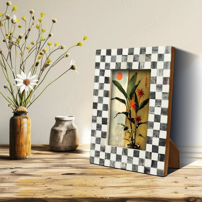 Picture Frame Checked Pattern inspired Bone Inlay, Grey & White - 4x6 & 5x7