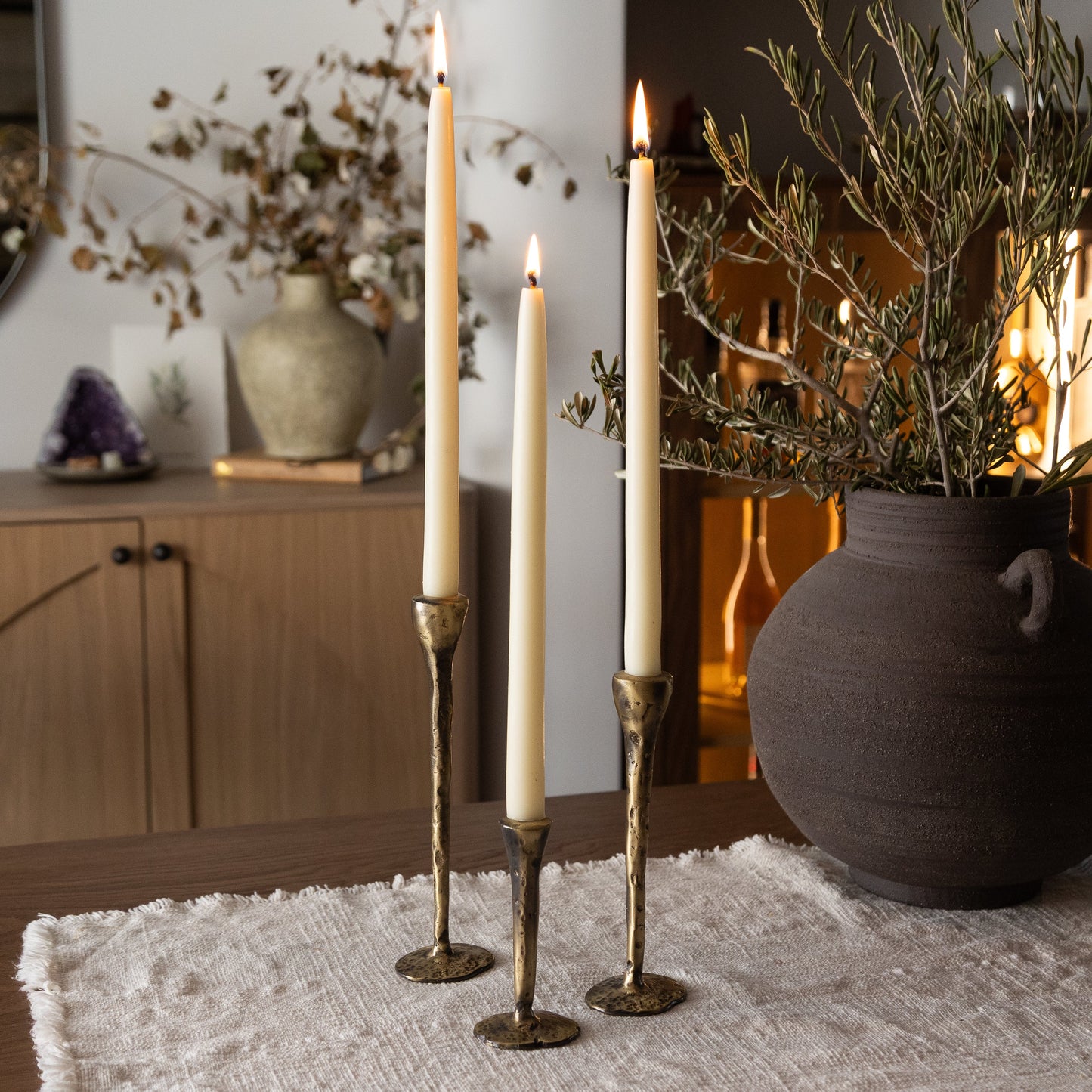 Antique Brass Large Candlesticks - Set of 3