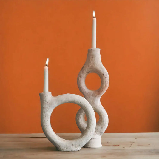 Handpicked Duo of Moroccan Unglazed Tamegroute Abstract Sculptures -Candlestick Holders