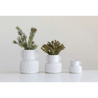 Stoneware Pleated Vase with White Glaze Finish