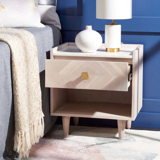 Tahseen Parquet Nightstand - White Washed / Brass